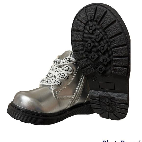 GIRLS Toddler COMBAT Ankle boots in silver faux leather Love Laces Comfy New - Picture 8 of 9